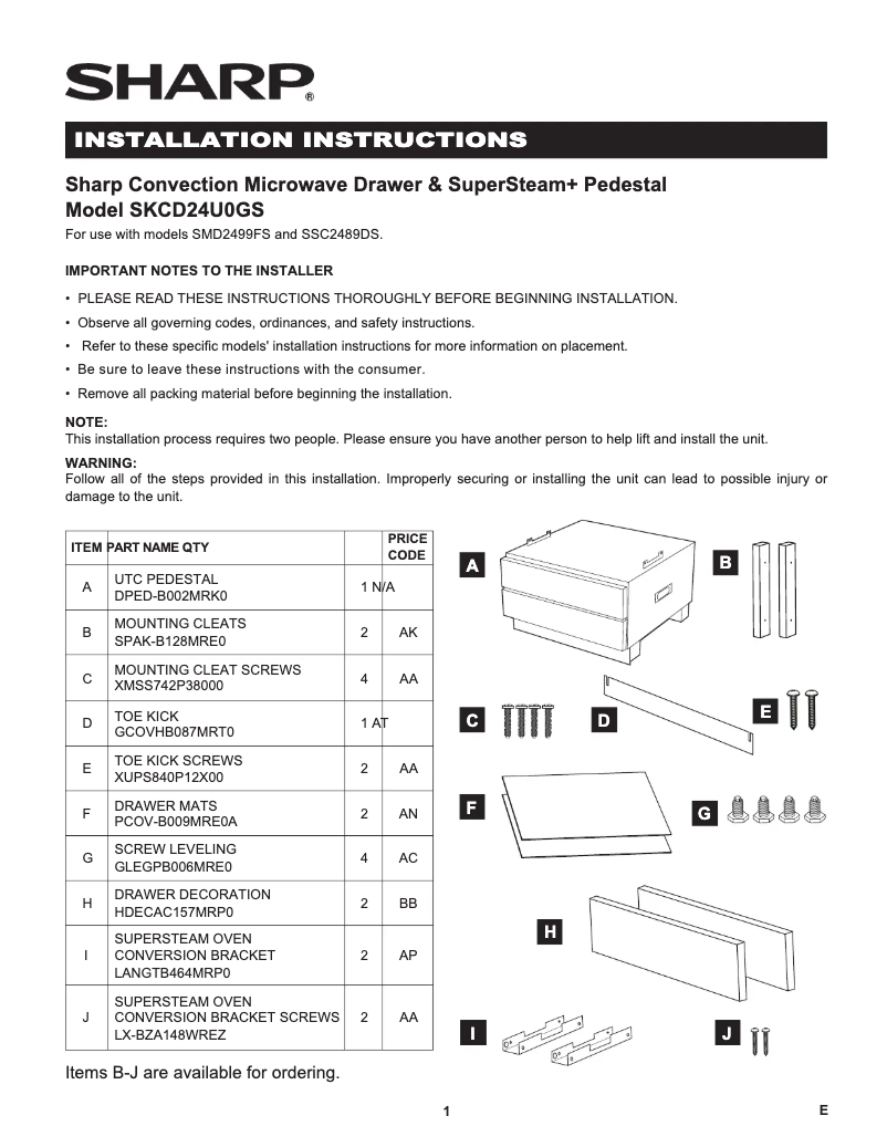 Page n°1 - Guide d'installation Sharp SKCD24U0GS