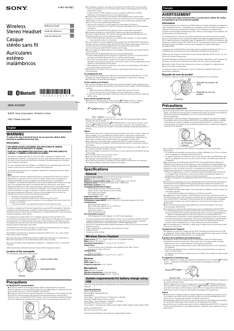 Page 1 de la notice Manuel utilisateur Sony MDR-AS700BT
