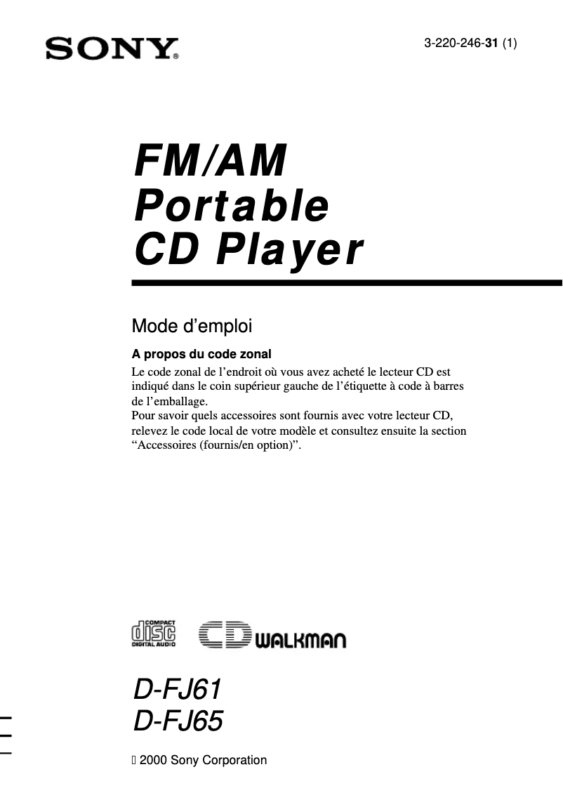 Page 1 de la notice Manuel utilisateur Sony D-FJ61