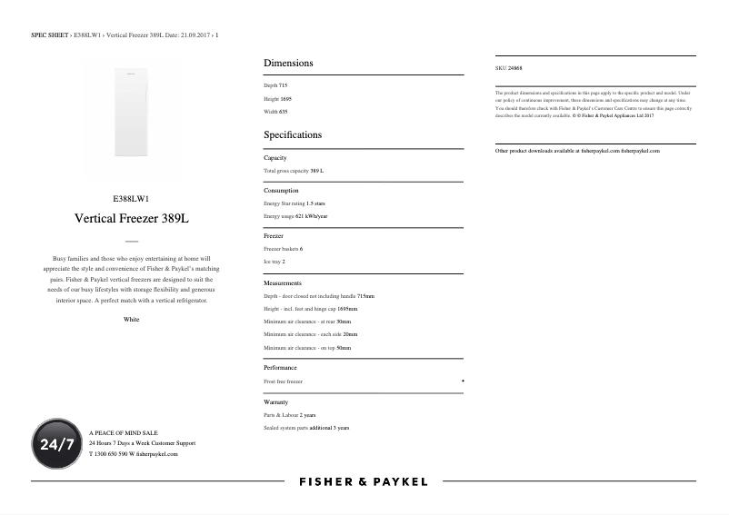 Page 1 de la notice Fiche technique Fisher & Paykel E388LW1