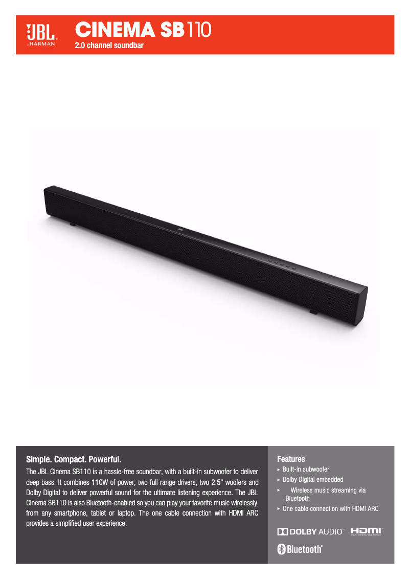 Página 1 del manual Ficha técnica JBL Cinema SB110