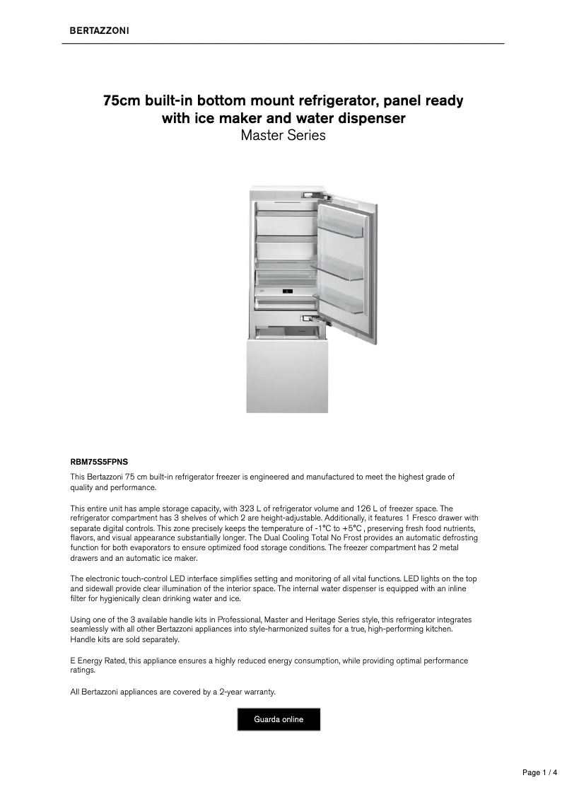 Page 1 de la notice Fiche technique Bertazzoni RBM75S5FPNS