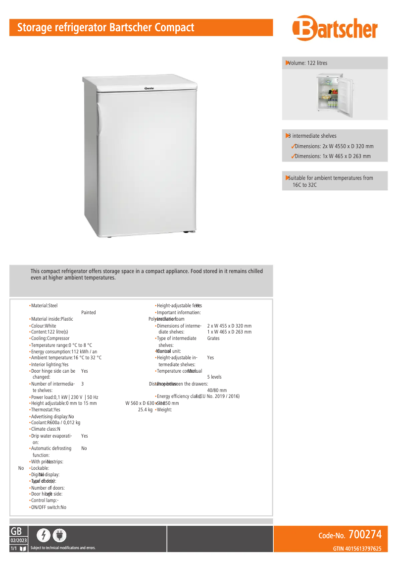 Page n°1 - Fiche technique Bartscher Compact 700274