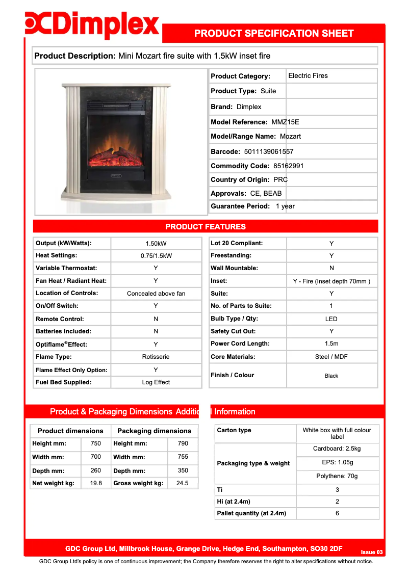 Page 1 de la notice Fiche technique Dimplex MMZ15