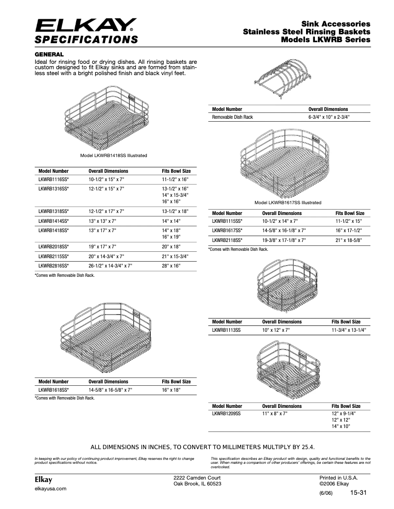Página 1 del manual Ficha técnica Elkay LKWRB1316SS