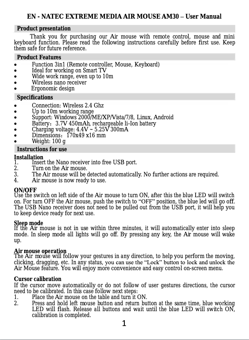 Page 1 de la notice Manuel utilisateur Natec AM30