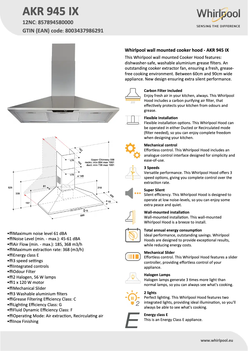Page 1 of the manual Technical Sheet Whirlpool AKR 945 IX