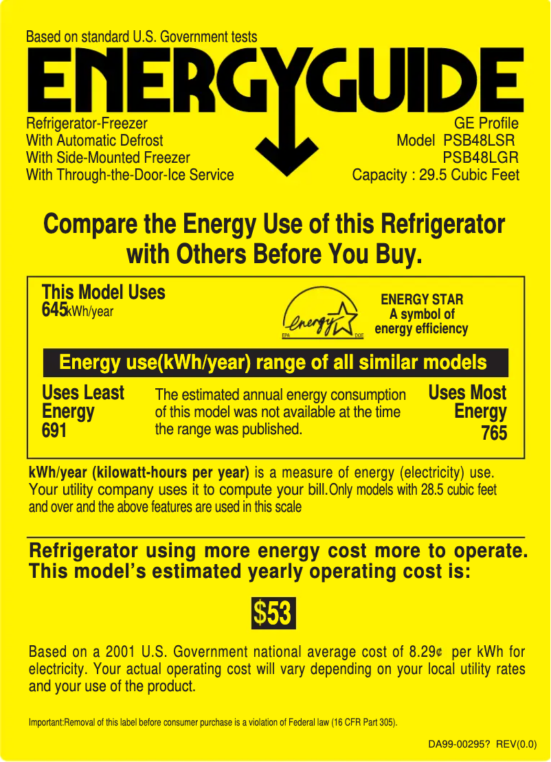 Page 1 de la notice Label énergétique GE PSB48LGRBV