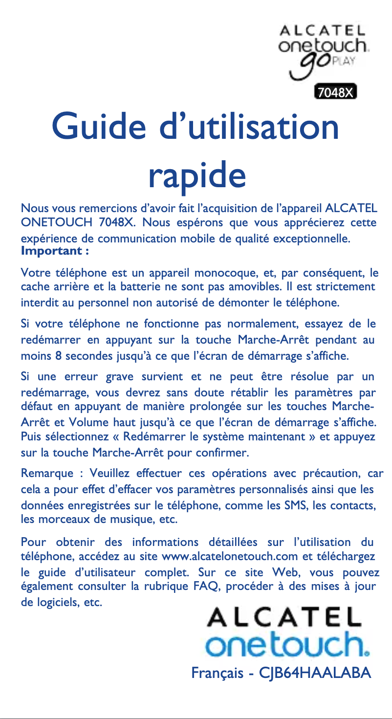 Page 1 de la notice Manuel utilisateur Alcatel One Touch Go Play