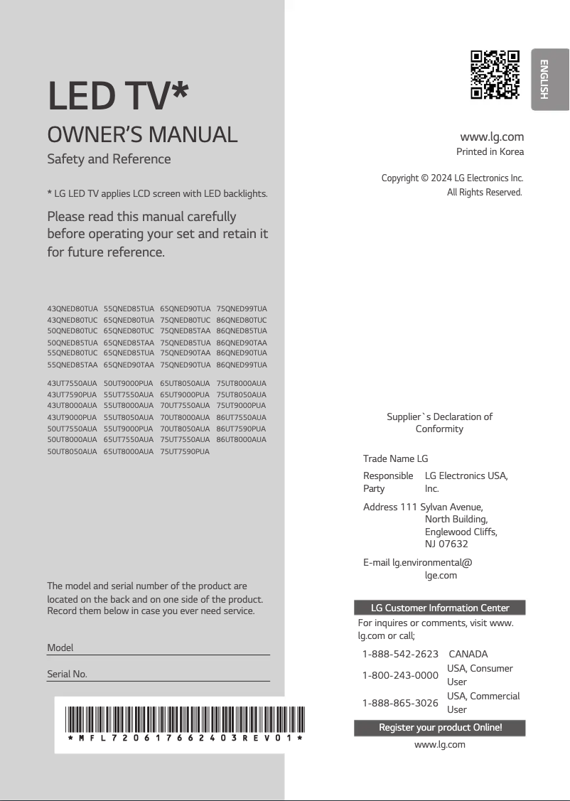 Page 1 de la notice Manuel utilisateur LG 43UT7590PUA