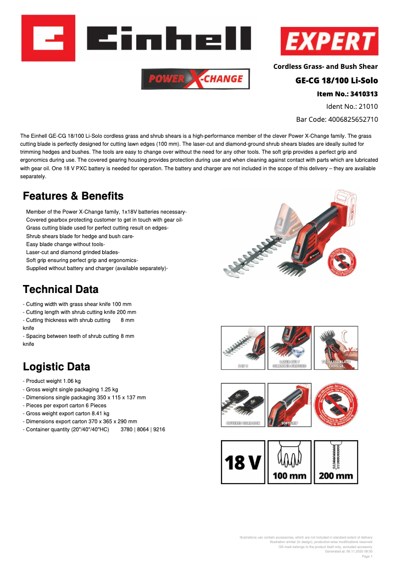 Page 1 de la notice Fiche technique Einhell GE-CG 18/100 Li-Solo