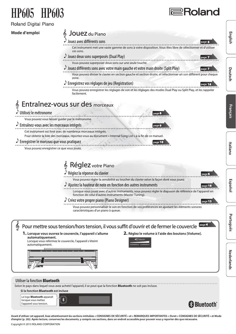 Page 1 de la notice Manuel utilisateur Roland HP605