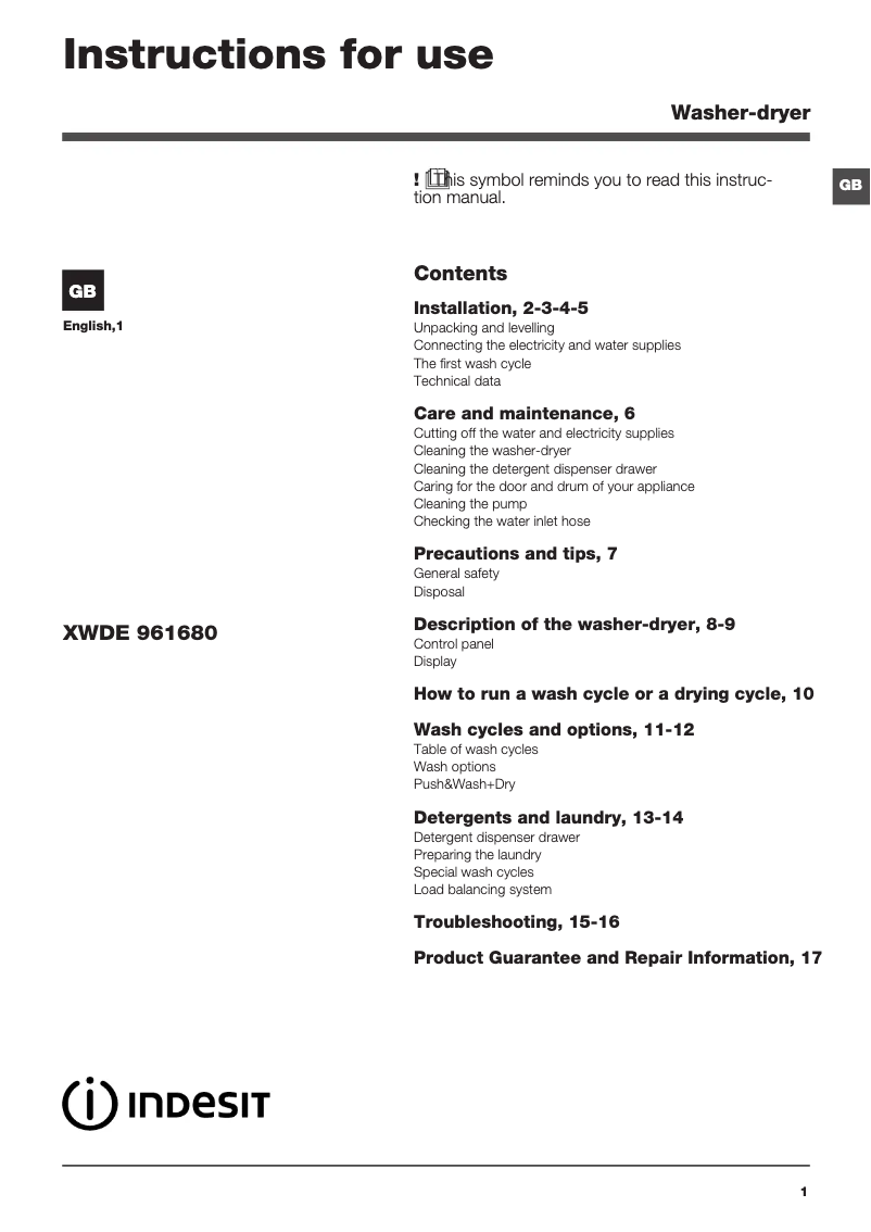 Page 1 de la notice Mode d'emploi Indesit XWDE 961680X W UK