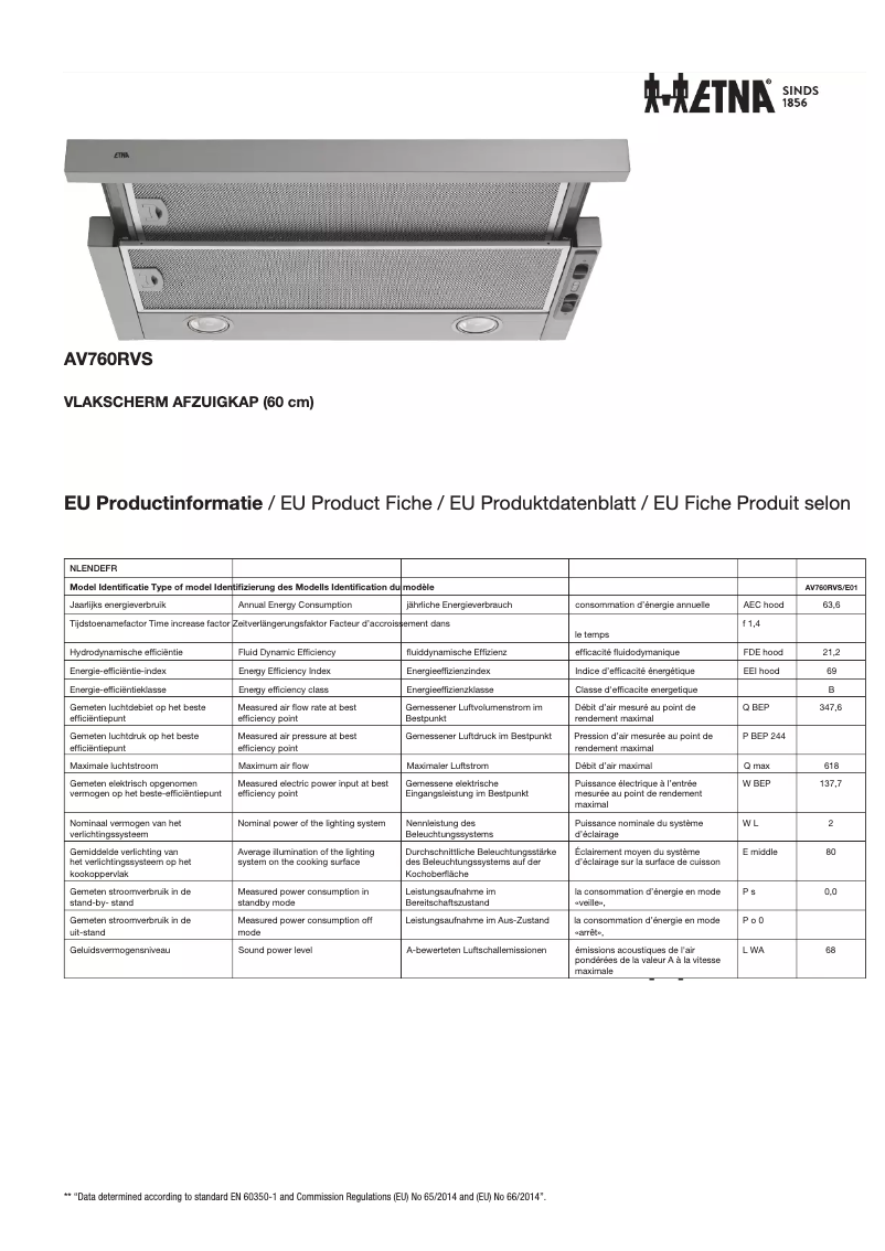 Page 1 de la notice Fiche technique Etna AV760RVS