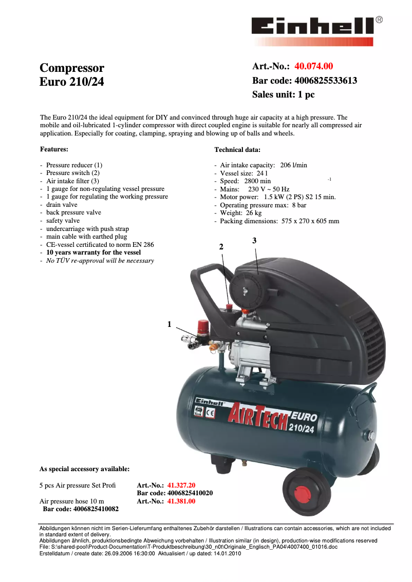 Page 1 de la notice Manuel utilisateur Einhell EURO 210/24