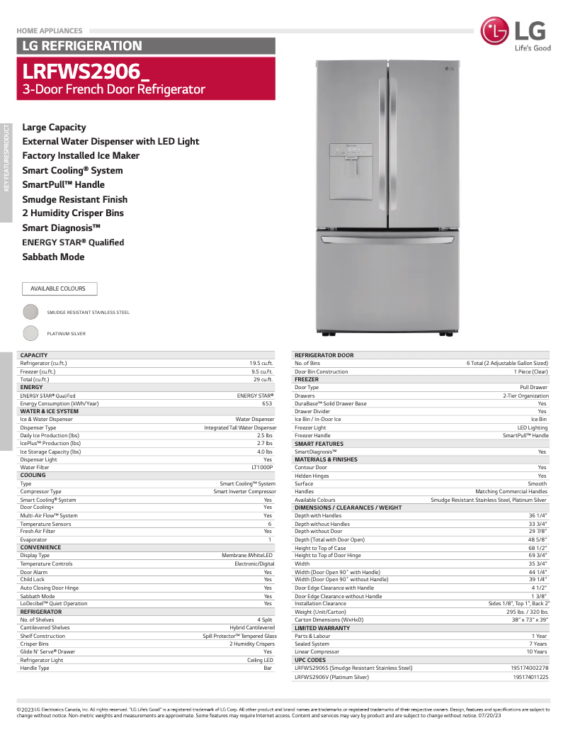 Page 1 de la notice Fiche technique LG LRFWS2906V