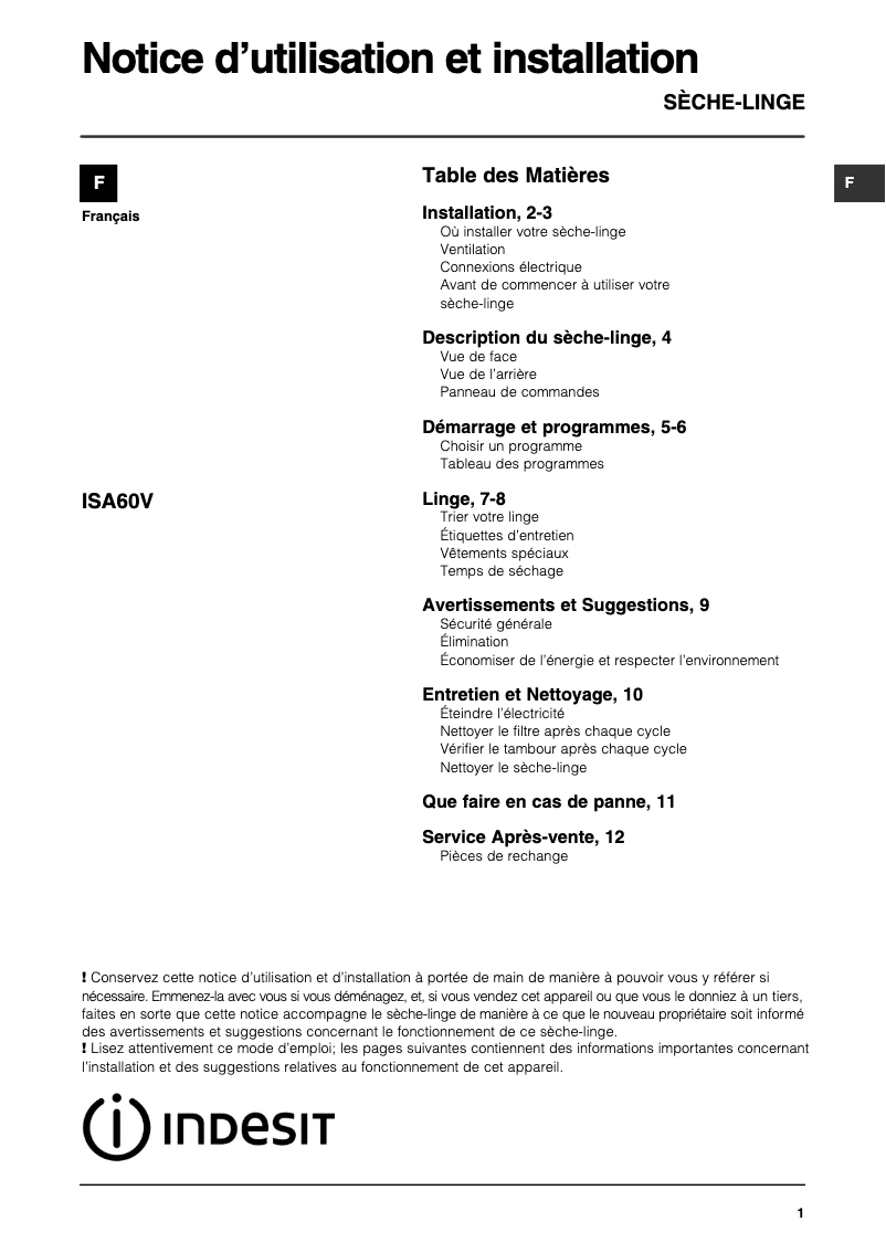 Page 1 de la notice Manuel utilisateur Indesit ISA60V (FR)