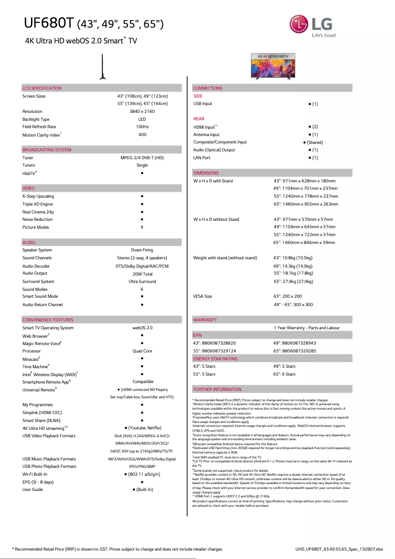 First page image of the manual for 43UF680T