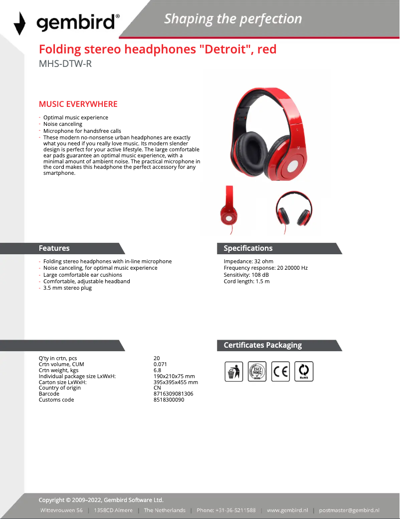 Page 1 de la notice Manuel utilisateur Gembird Detroit MHS-DTW-R