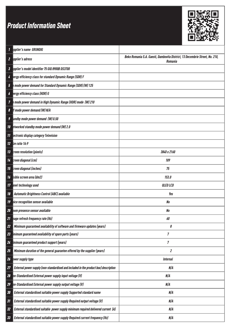 Page 1 de la notice Fiche technique Grundig 75 GIQ 8900B
