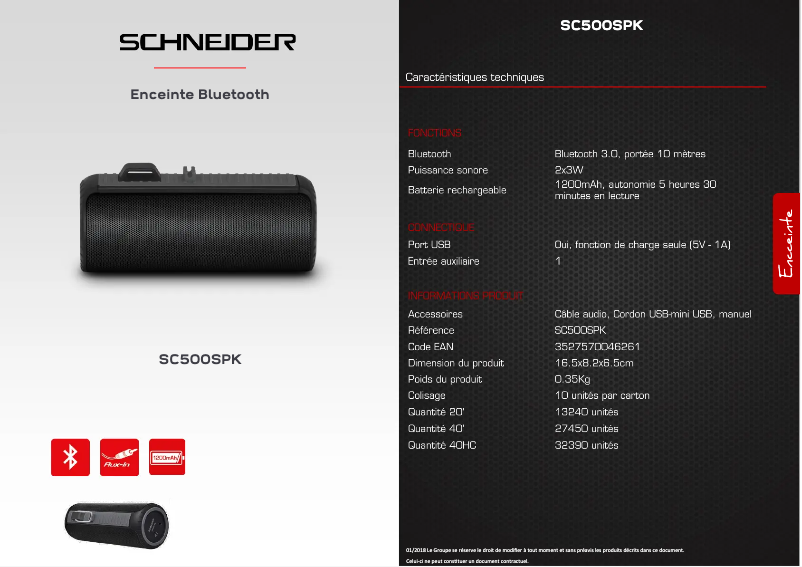 Page 1 de la notice Fiche technique Schneider Groove Mini SC500SPK