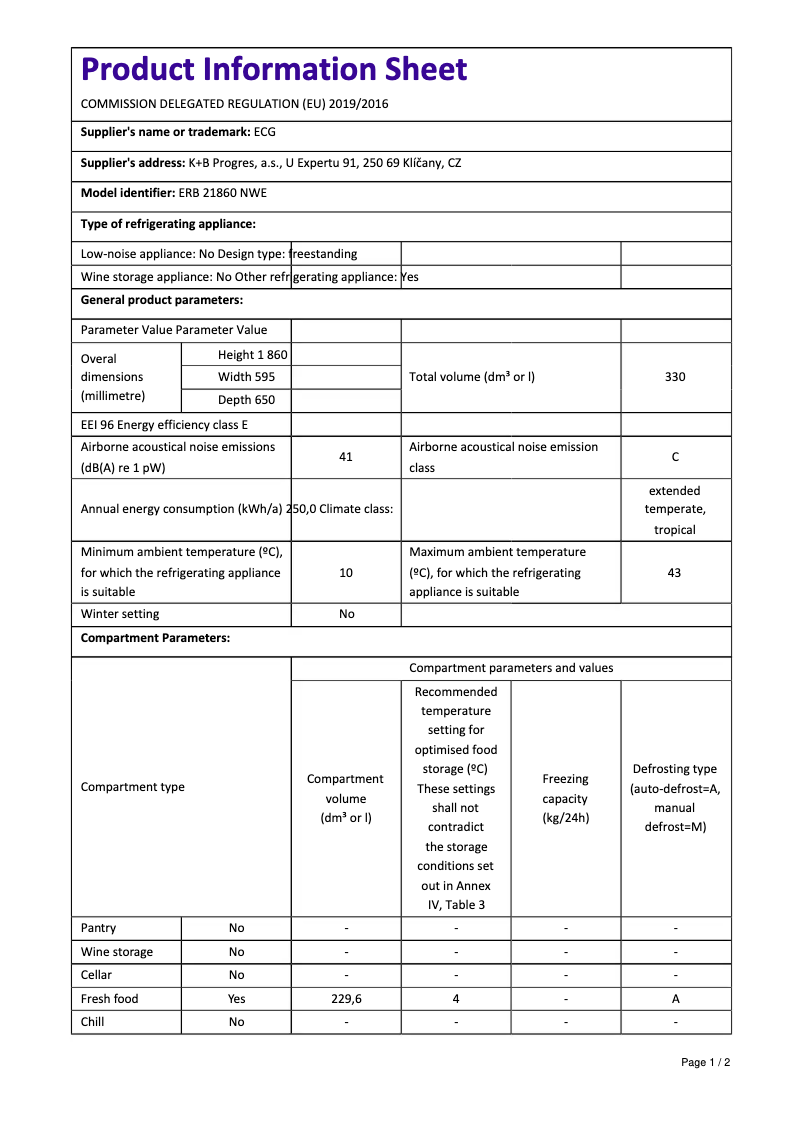 Page n°1 - Fiche technique ECG ERB 21860 NWE