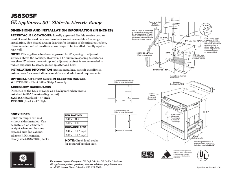 Page 1 de la notice Fiche technique GE JS630SFSS