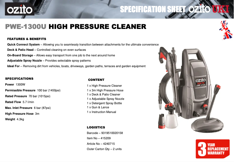 Página 1 del manual Ficha técnica Ozito PWE-1300U