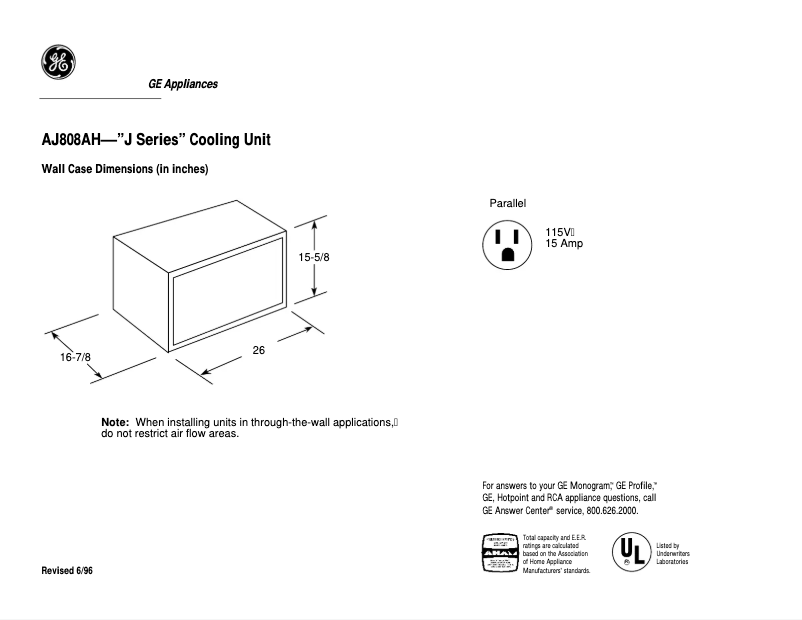 Page 1 de la notice Fiche technique GE AJ808AH
