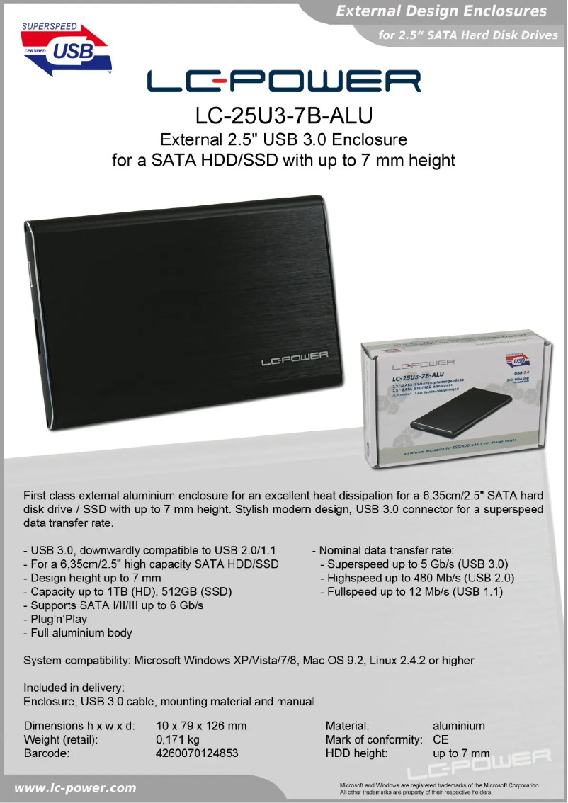 Page 1 de la notice Fiche technique LC-Power LC-25U3-7B-ALU