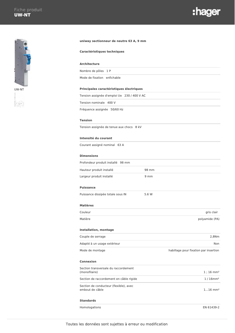 Page n°1 - Fiche technique Hager UW-NT