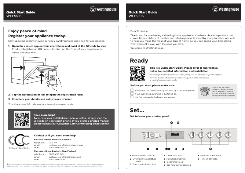 Page 1 de la notice Guide de démarrage rapide Westinghouse WFE9516DD