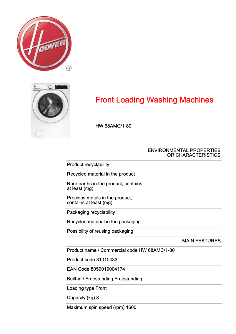 Página 1 del manual Ficha técnica Hoover H-WASH 500 HW 68AMC/1-80