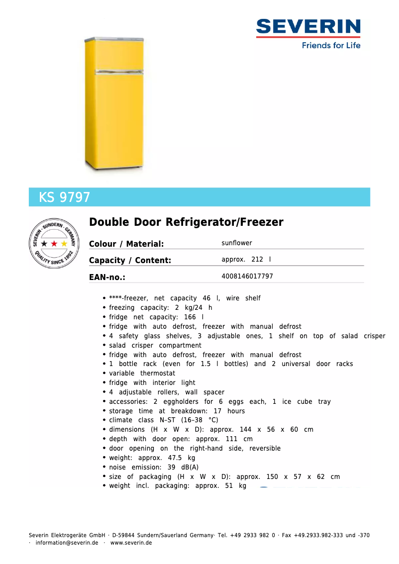 Página 1 del manual Ficha técnica Severin KS 9797