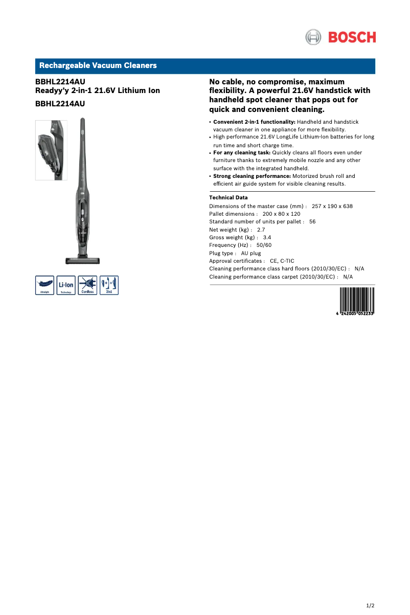 Página 1 del manual Ficha técnica Bosch Readyy'y Lithium BBHL2214AU