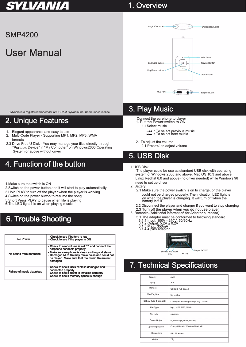 Page 1 de la notice Manuel utilisateur Sylvania SMP4200