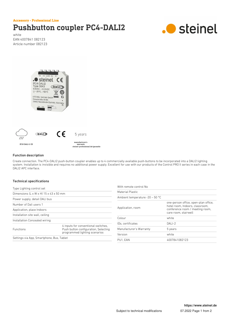 Page 1 de la notice Fiche technique Steinel PC4