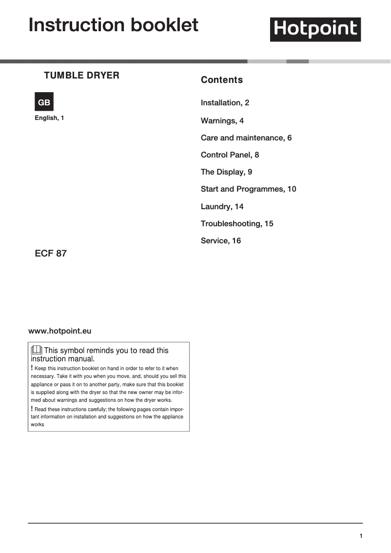 Page n°1 - Manuel utilisateur Hotpoint ECF 87BP UK