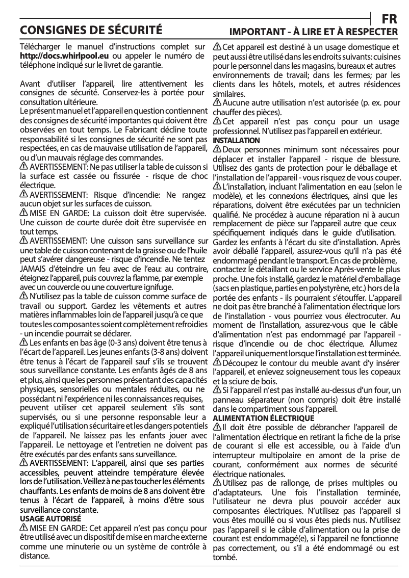 Page 1 de la notice Manuel utilisateur Whirlpool AKT 8210 LX