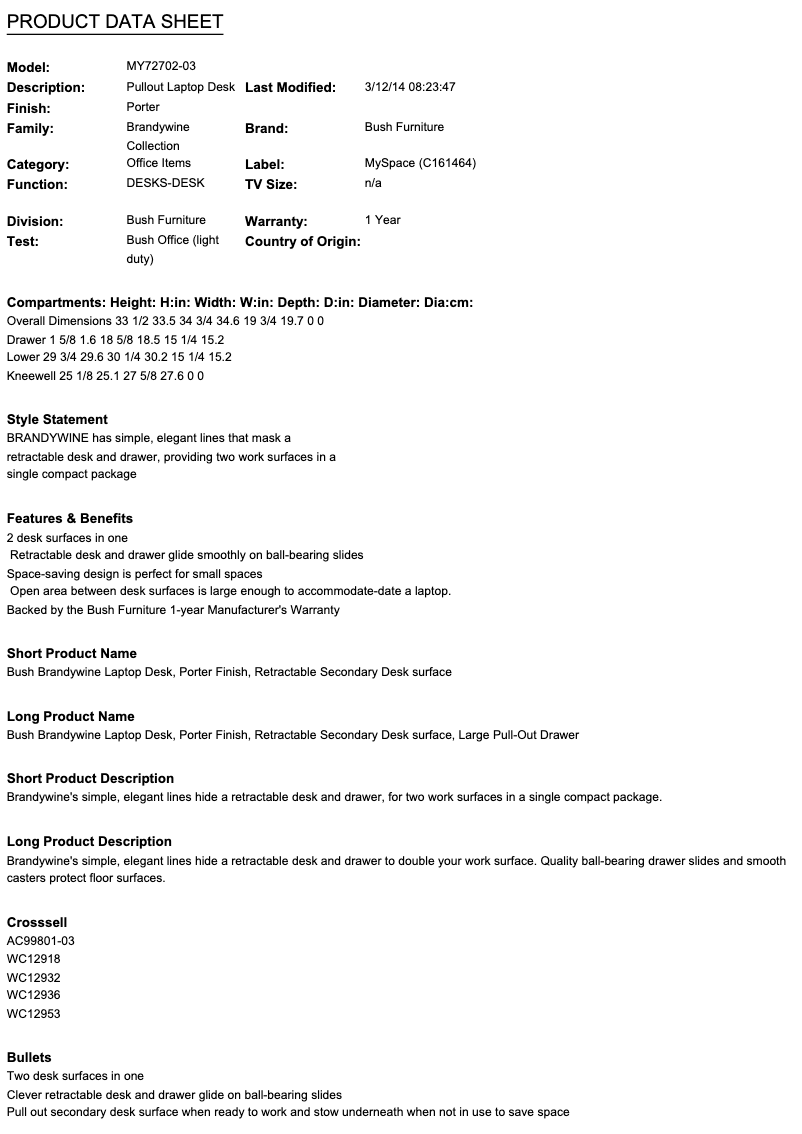 Page 1 de la notice Fiche technique Bush Brandywine MY72702-03