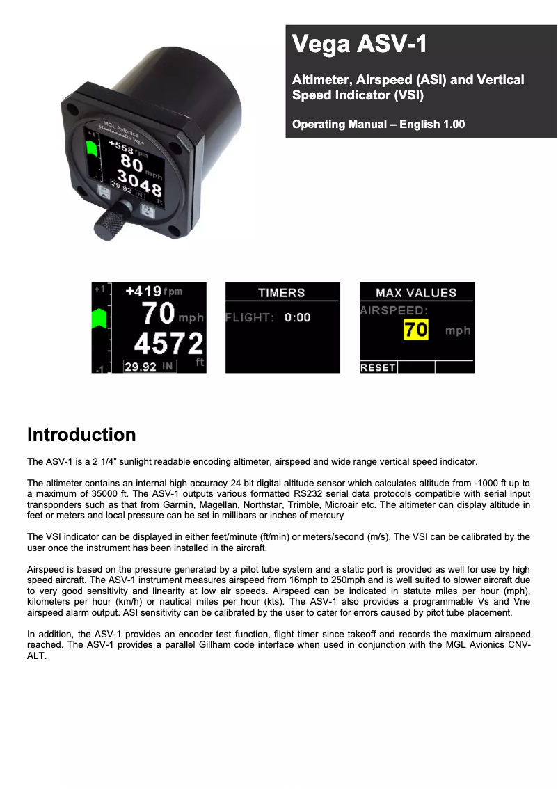 Page n°1 - Manuel utilisateur MGL Avionics ASV-1