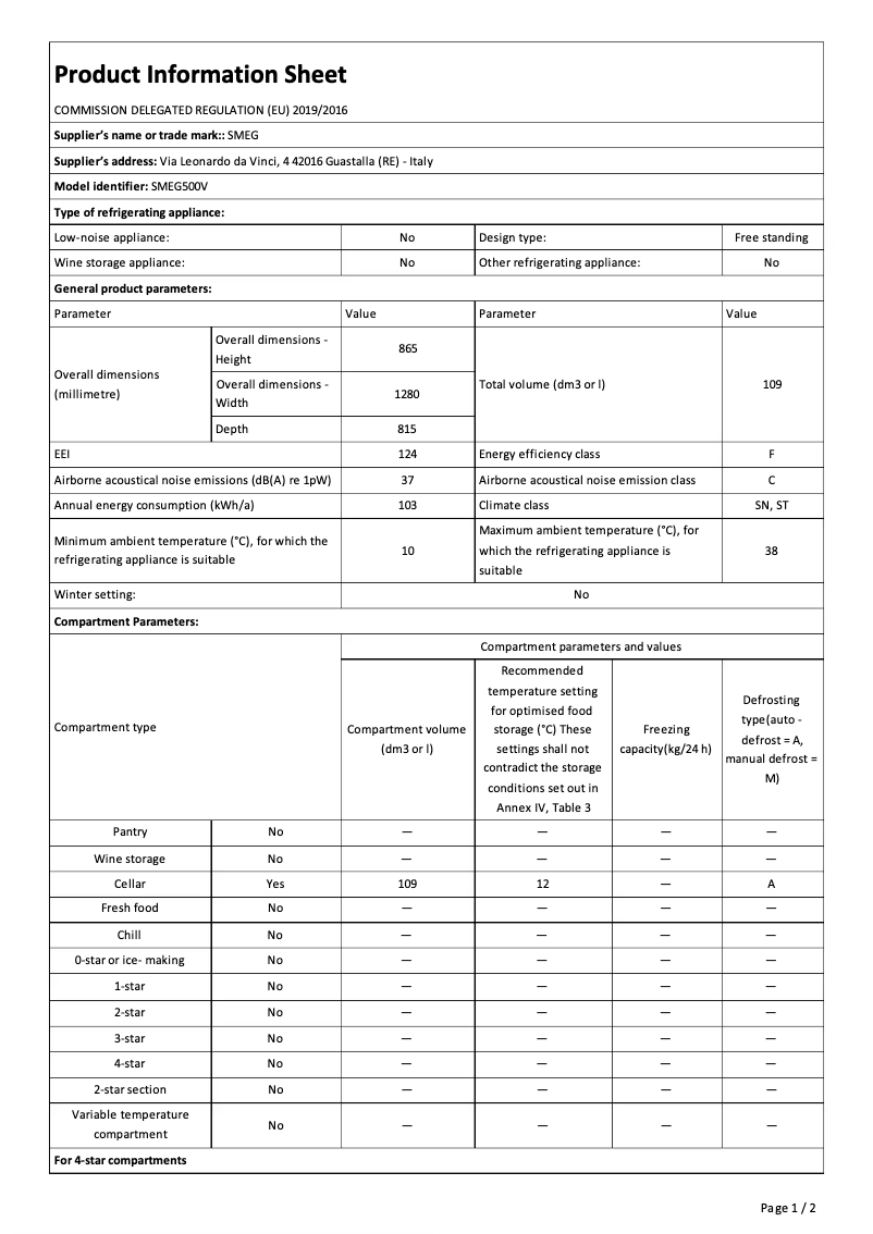 Page 1 de la notice Fiche technique Smeg SMEG500