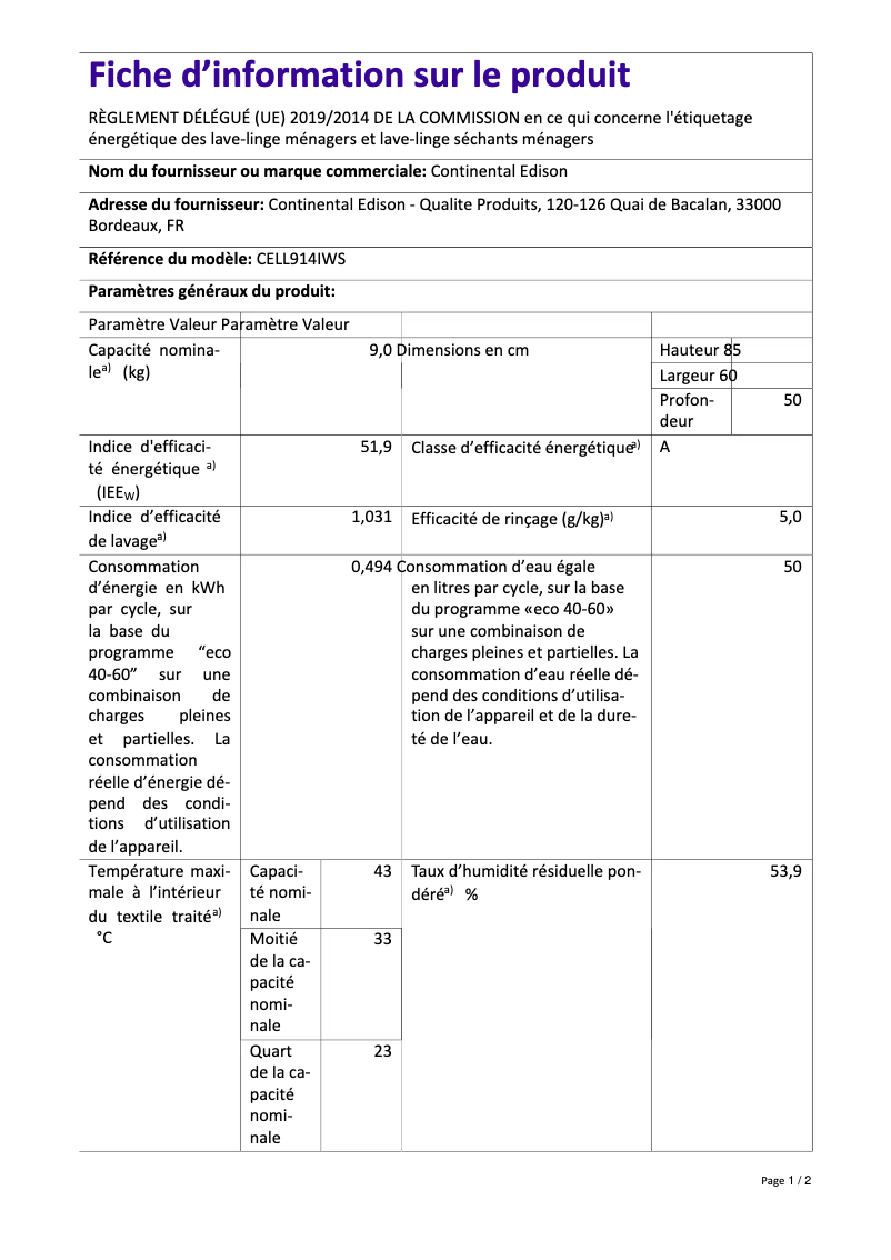 Page n°1 - Label énergétique Continental Edison CELL914ISS