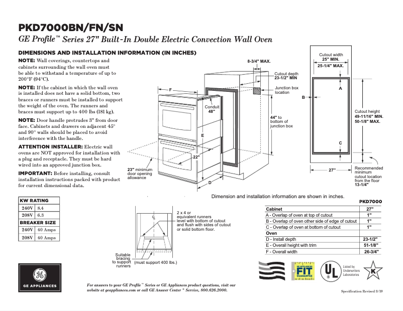 Page 1 de la notice Fiche technique GE Profile PKD7000FNDS
