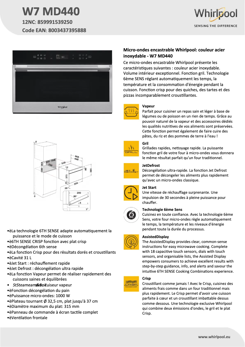 Page 1 de la notice Fiche technique Whirlpool W7 MD440