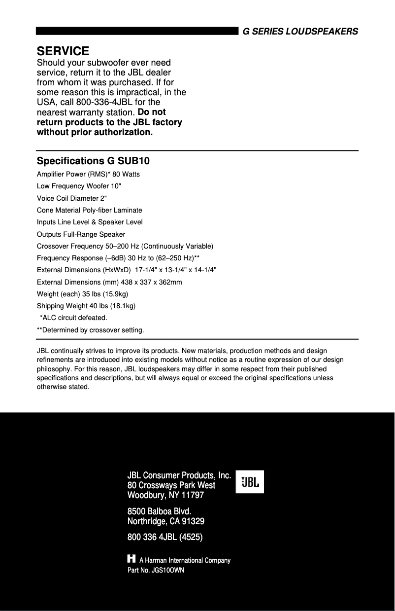 Page 1 de la notice Manuel utilisateur JBL G SUB 10