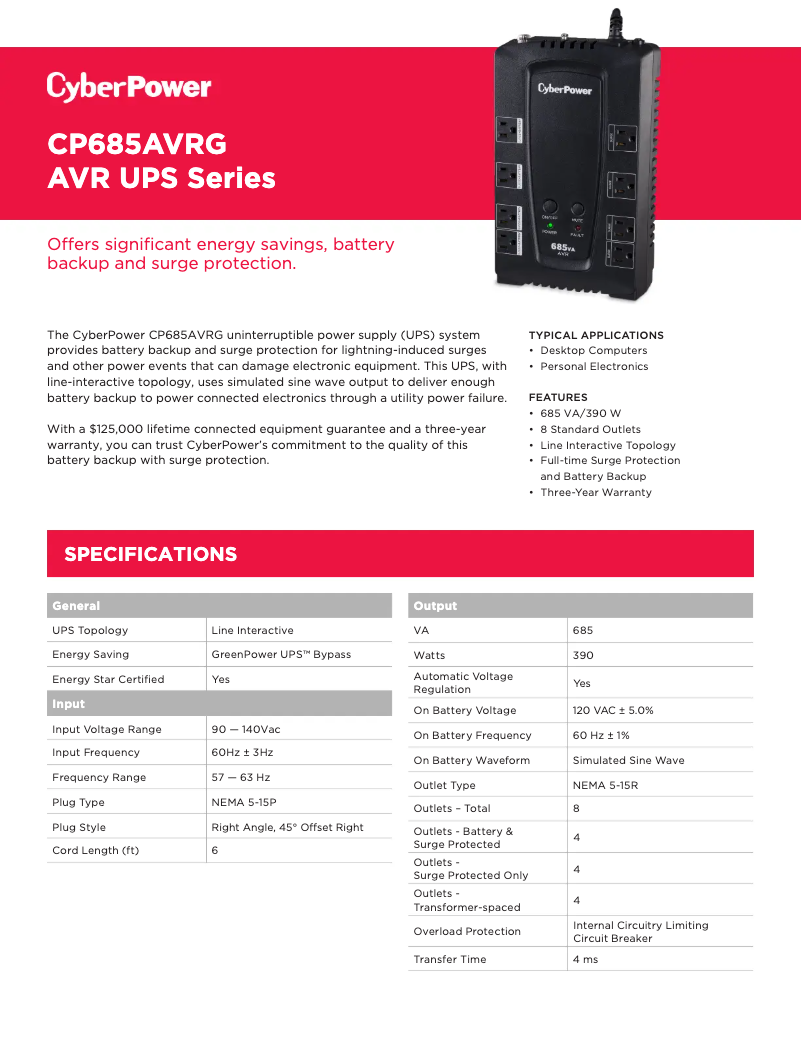 Page n°1 - Fiche technique CyberPower CP685AVRG