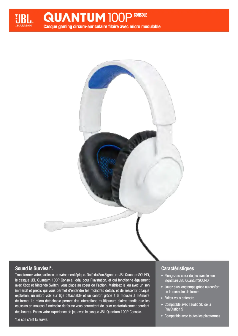 Page 1 de la notice Fiche technique JBL Quantum 100P Console