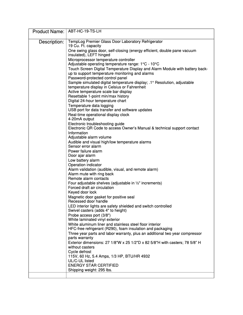 Page 1 de la notice Manuel utilisateur American BioTech Supply ABT-HC-19-TS-LH