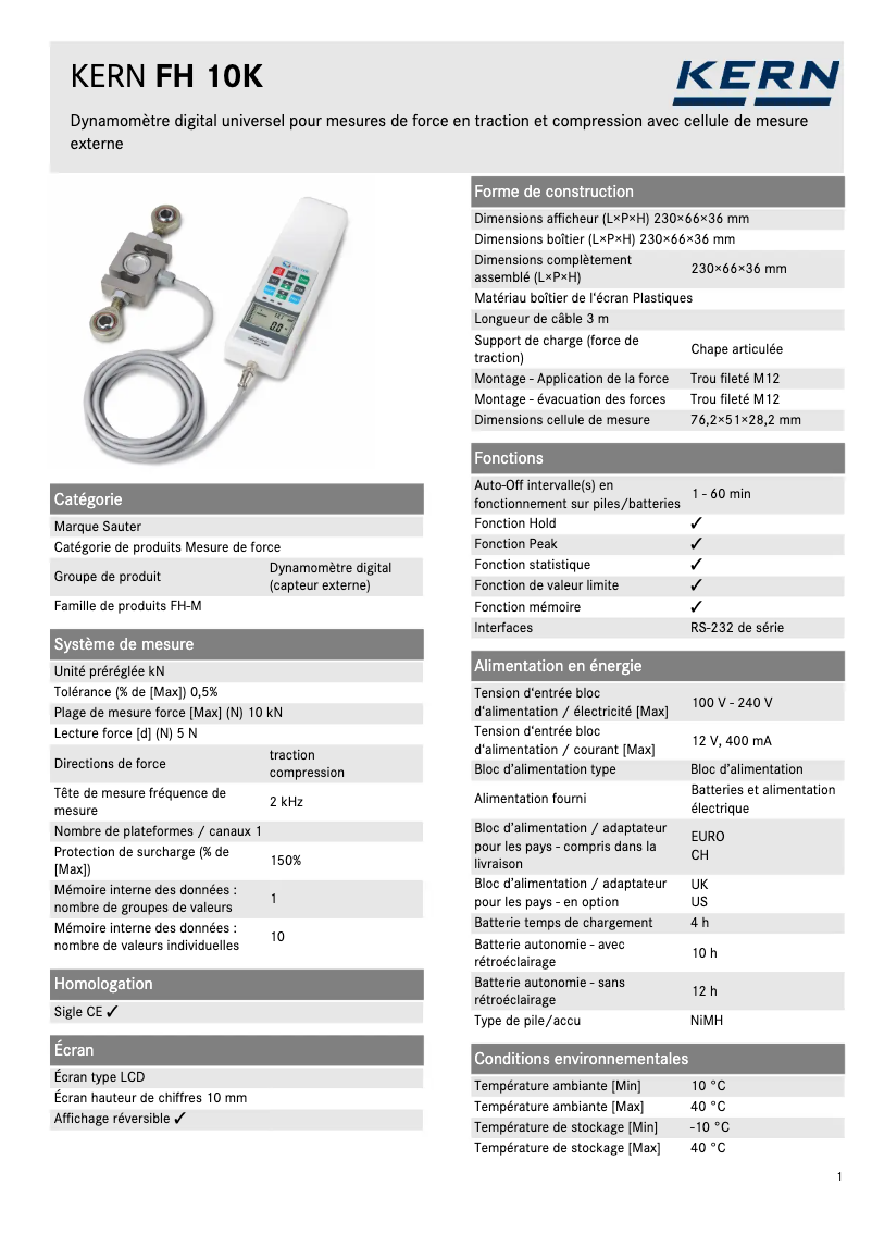 Page n°1 - Fiche technique Kern FH 10K